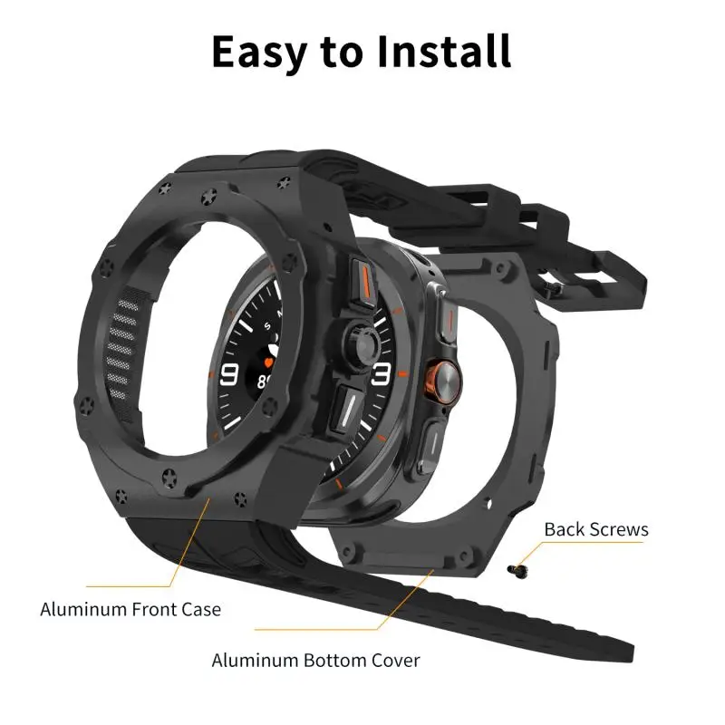 Luxury Metal Modification Kit for Samsung Galaxy Watch Ultra 47mm Carbon Case Rubber Strap for Galaxy Watch 7 Ultra 47mm