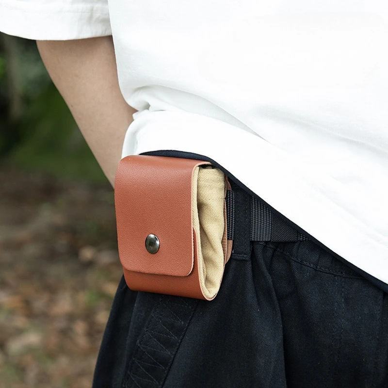 Foldable Canvas Foraging Pouch Waist Bag PU Snap Cover Outdoor Fruit Picking Drawstring Functional Waist Pack