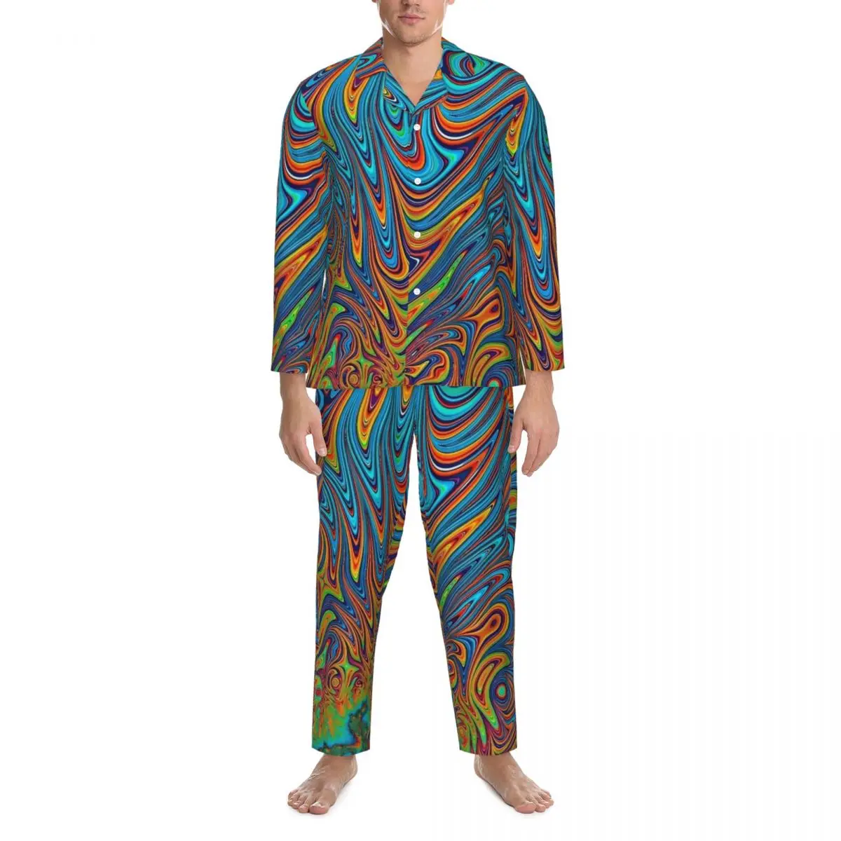 Pajamas Men Contrast Color Night Sleepwear colorful psychedelic 2 Pieces Casual Loose Pajama Set Long Sleeve Oversized Home Suit