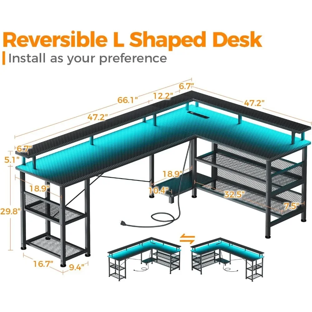 مكتب ألعاب على شكل حرف L مع منفذ طاقة وأضواء LED ، طاولة كمبيوتر قابلة للعكس ، منافذ USB ، 66 بوصة