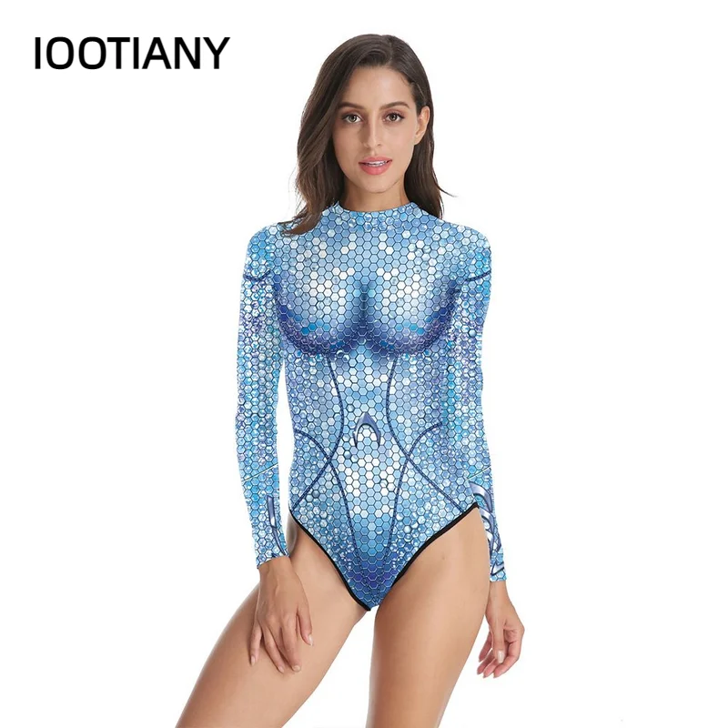 IOOTIANY New 3D Printing Mermaid Scales One Piece Long Sleeve Swimwear Bodysuit Costume Mermaid Swimsuit For Adult Women 2024