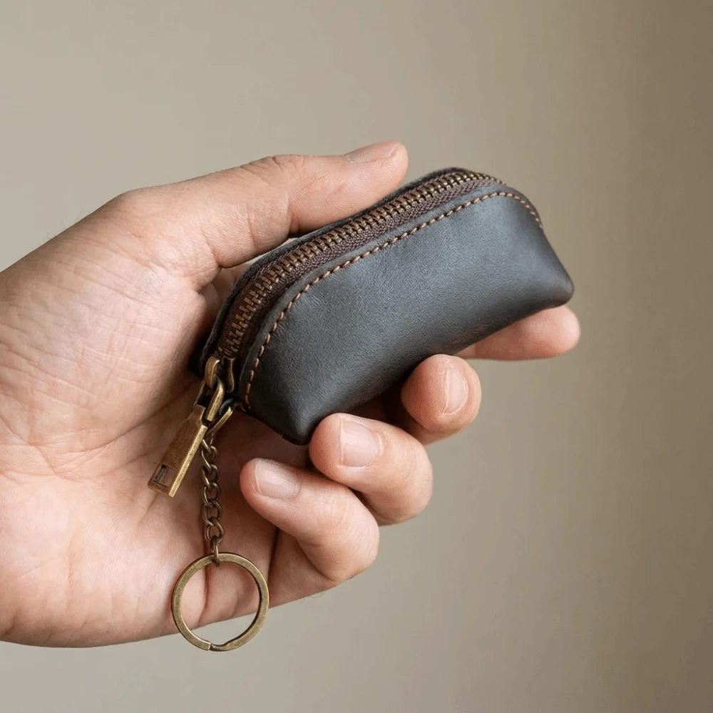 

Small Hanging Pouch Anti-lost Mini Leather Coin Purse Thin Zipper Men Key Ring Pouch Anti-splash Water Classic Car Key Bag Men