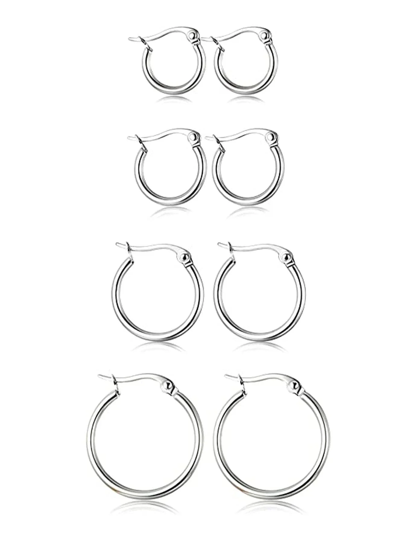 4 Pairs Silver Hoop Earrings Set Stainless Steel Cute Huggie Earrings for Women Rounded Small Hoop Earrings 10/12/15/20MM