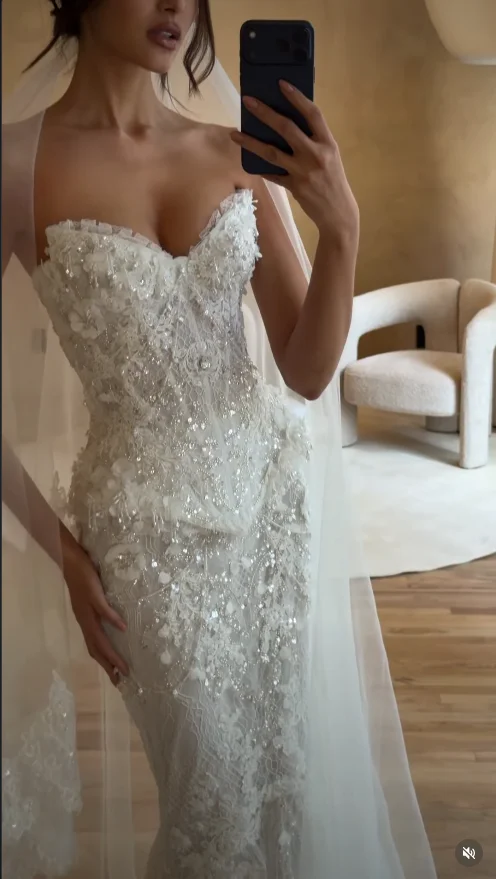 Strapless Sweetheart Mermaid Wedding Dress 3D Floral Crystal Beaded Lace Corset Fitted Bridal Gown Vestido De Novia Customized view 4