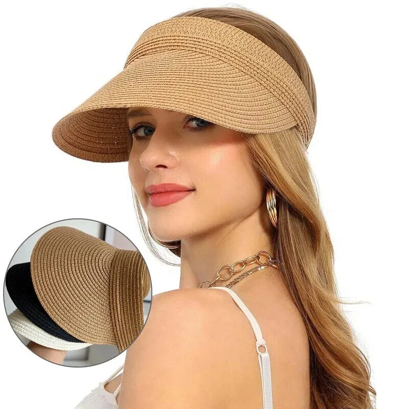 Lady Folding Visor Straw Sun Visor Hat Paper Straw Wide Brim Visor Hat UV Protect Visor