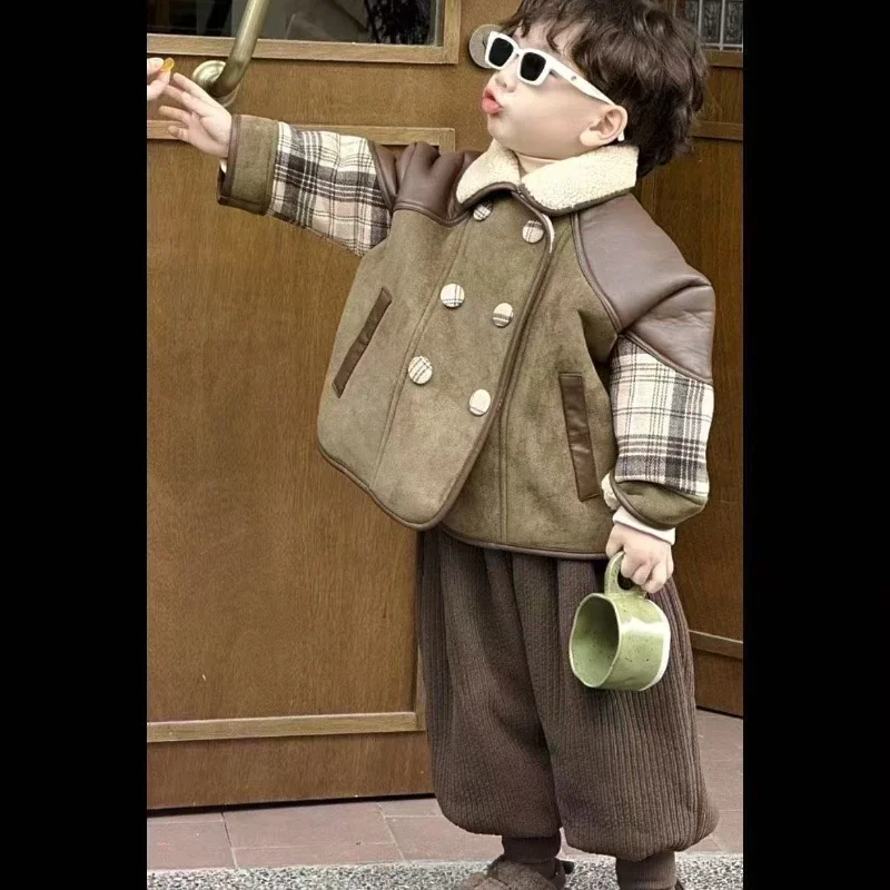 

High Quality Kid Boys 2026 New Winter Thick Korean Loose Suede Pu Patchwork Plaid Jacket for Girls Fall Jacket Baby Girl Clothes