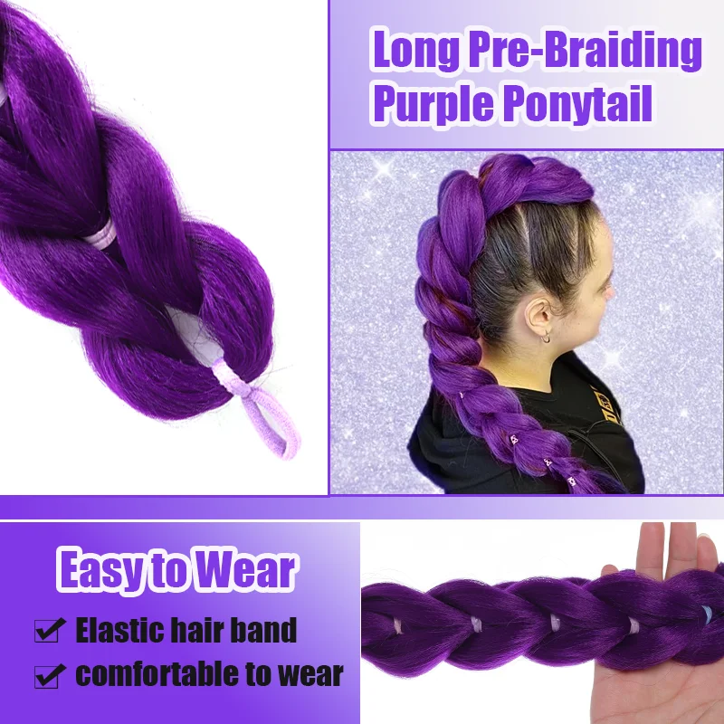 24 Inch Long Braid Ponytail Extension - Kpop Style Purple Braid Ponytail Wig, Synthetic Elastic Ponytail Wig Role-Playing