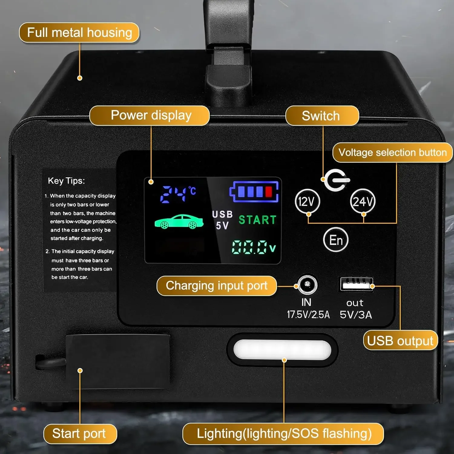 Starter lompat 10000A, Starter lompat baterai mobil FlyAuto 155WH untuk semua Gas atau Diesel, kotak lompat Lithium tugas berat 24V/12V,