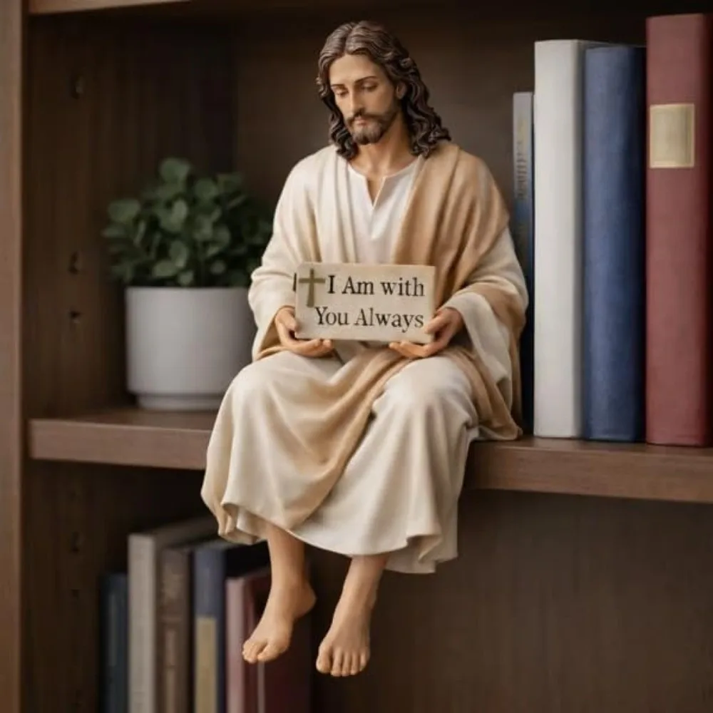 Nova Estátua de Resina de Jesus em Posição Sentada com a Inscrição 'Estou Contigo Sempre' - Decoração Religiosa para Mesa de Escritório