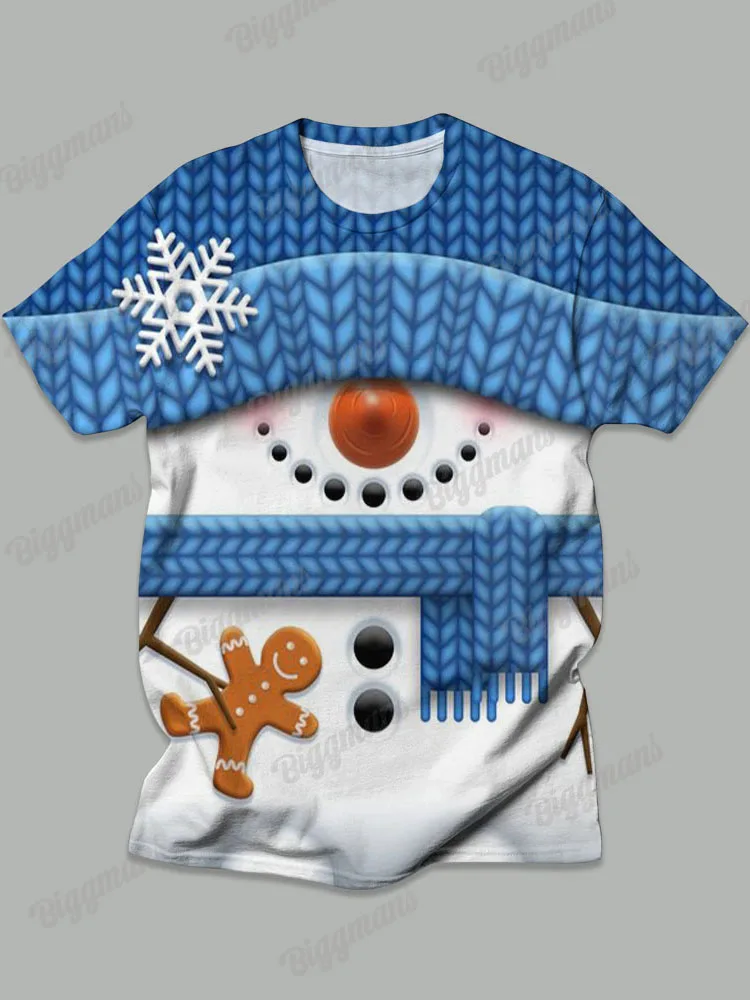 Biggmans Plus Size Blue Snowman Man Print Outfit Round Neck Short Sleeve Long Pants Suit Male Party Club Christmas Two Piece Set