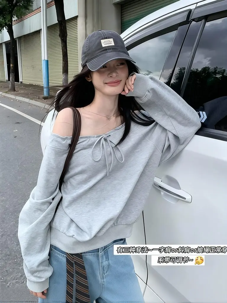Off Shoulder Long Sleeve Tops Women Lace Up Oversize T-shirt Korean Popular  Pullover Sweatshirt Casual Sport Outerwear