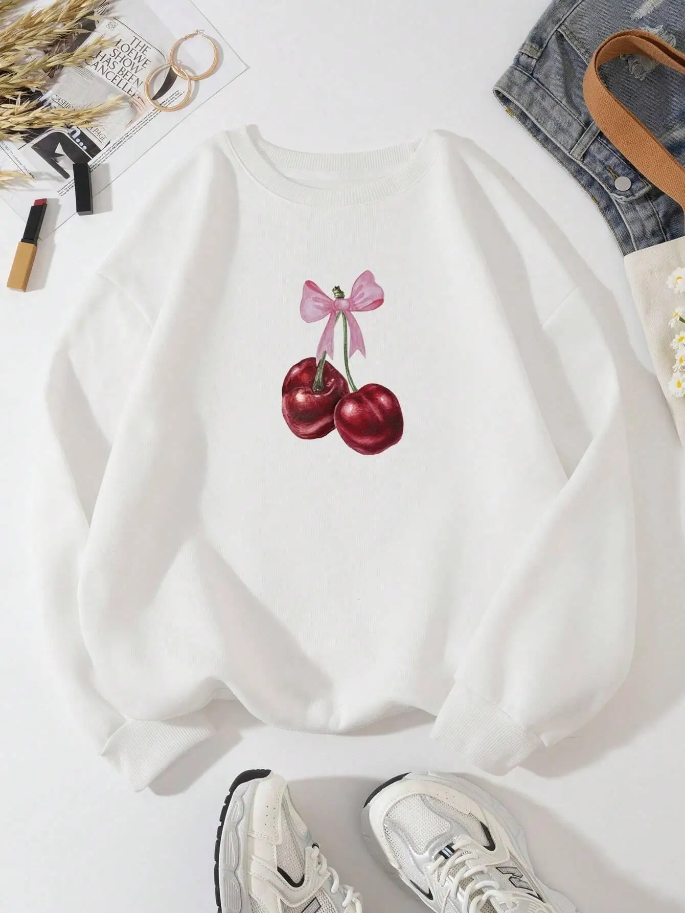 Street Casual Women Sweatshirts Pink Bow Cherry Print Hoodies Breathable Fleece Warm Pullover Crewneck Loose Female Tops Clothes