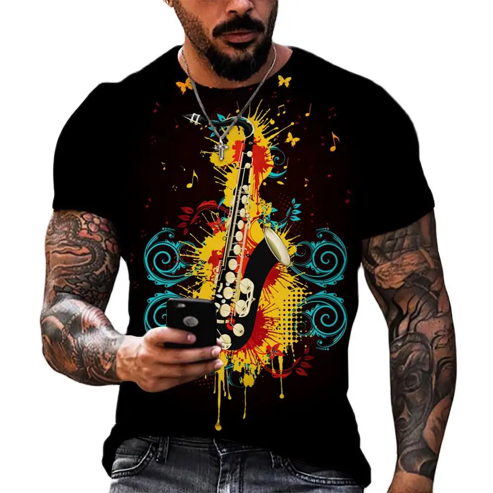 ผู้ชายแฟชั่นบุคลิกภาพ Sax กราฟิกเสื้อ T Interest 3D พิมพ์ Streetwear ฤดูร้อนสบายๆสบายๆ O-คอสั้นแขนเสื้อ Tees