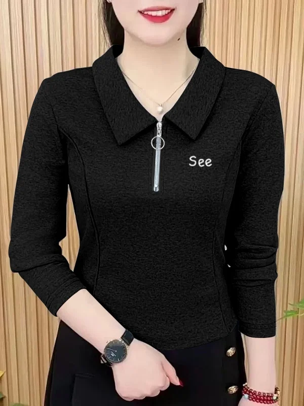 Camiseta de Manga Larga de Algodón Puro para Mujer, Estilo Coreano, Ajustada, con Cierre, Cómoda y Suave