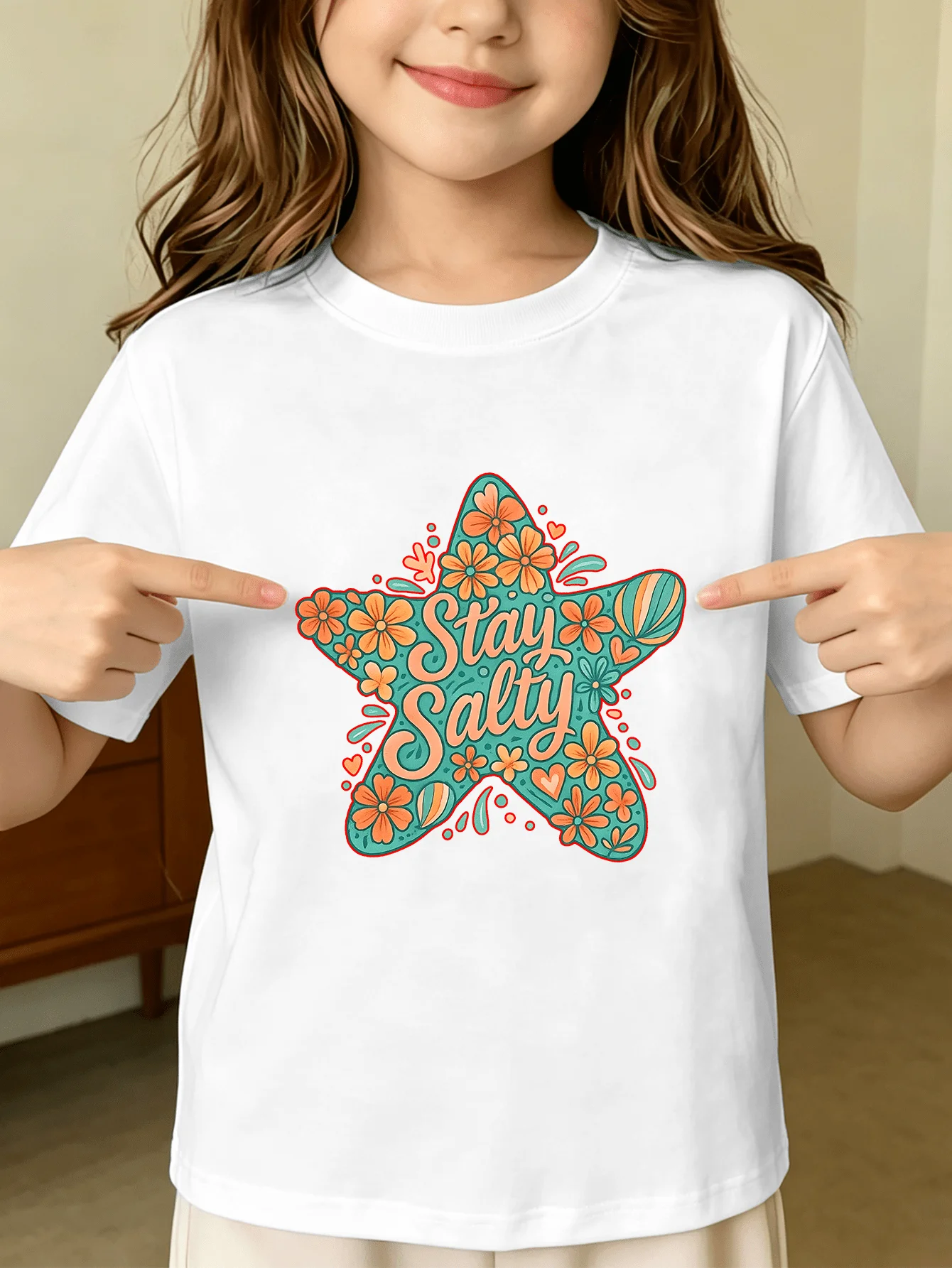 Tropical Flower Star Stay Salty Summer Beach Art Print Kids T Shirt Boys Girls Family Matching Summer Crew Neck Short Sleeve Tee