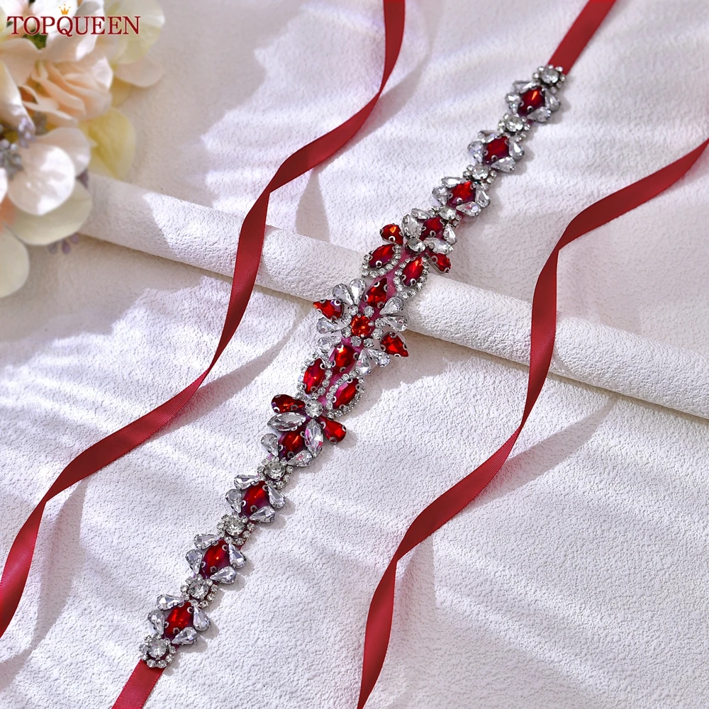 

TOPQUEEN New Red Gemstone Handmade Wedding Belt Important Festival Dress Thin Belt Bridal Accessories Party Banquet Jewellery