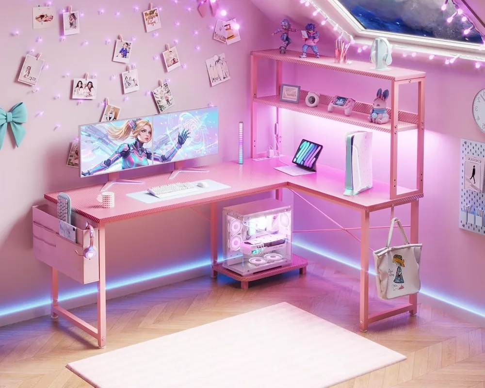 Pink L Shaped Gaming Desk with Shelves LED Lighting And Outlets for Computer Monitor Gaming Chair Desktop Workstation