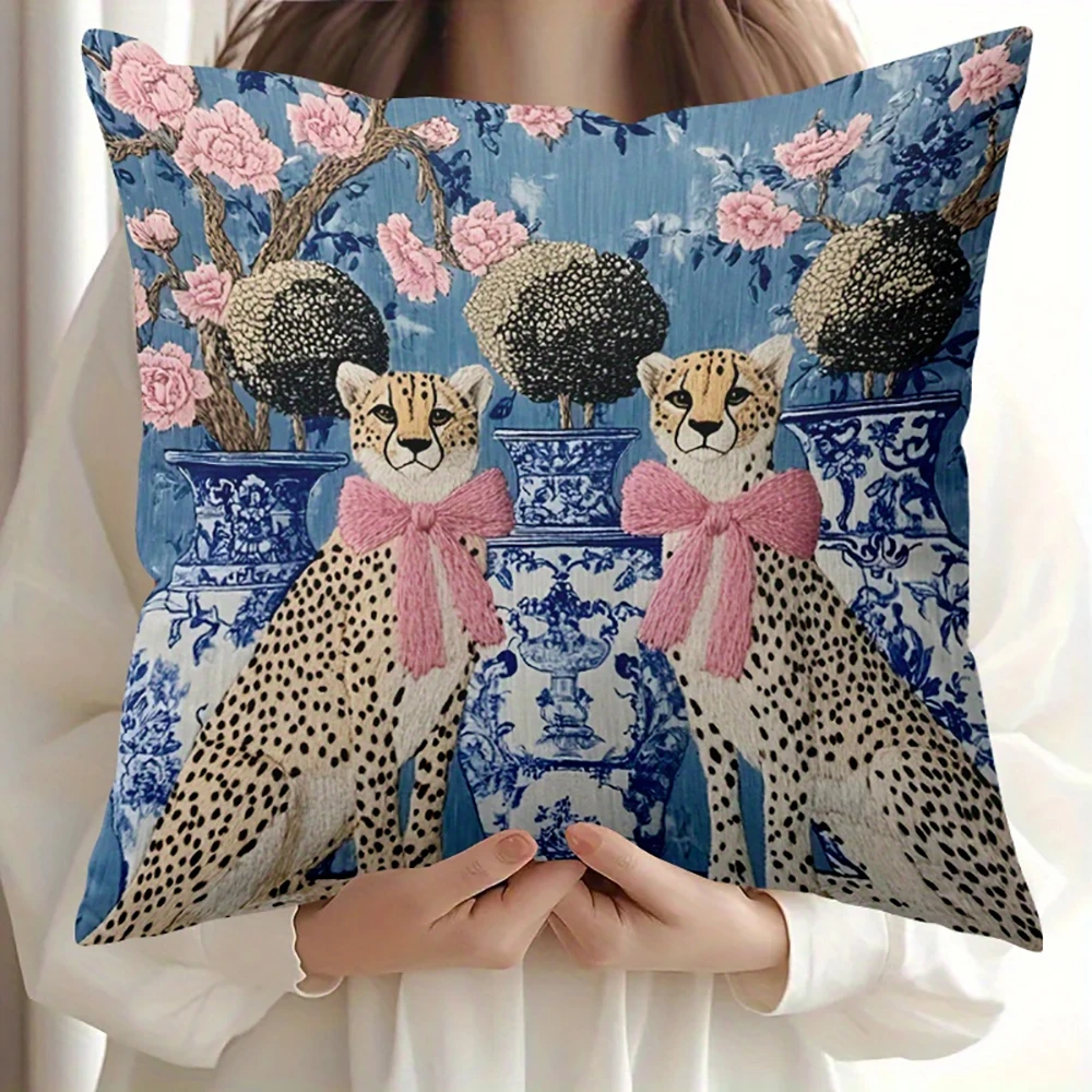 2D flat- # Vintage Cheetah Bow Decorative Throw Pillow Cover Chinoiserie Floral Blue and White Porcelain Cushion Case