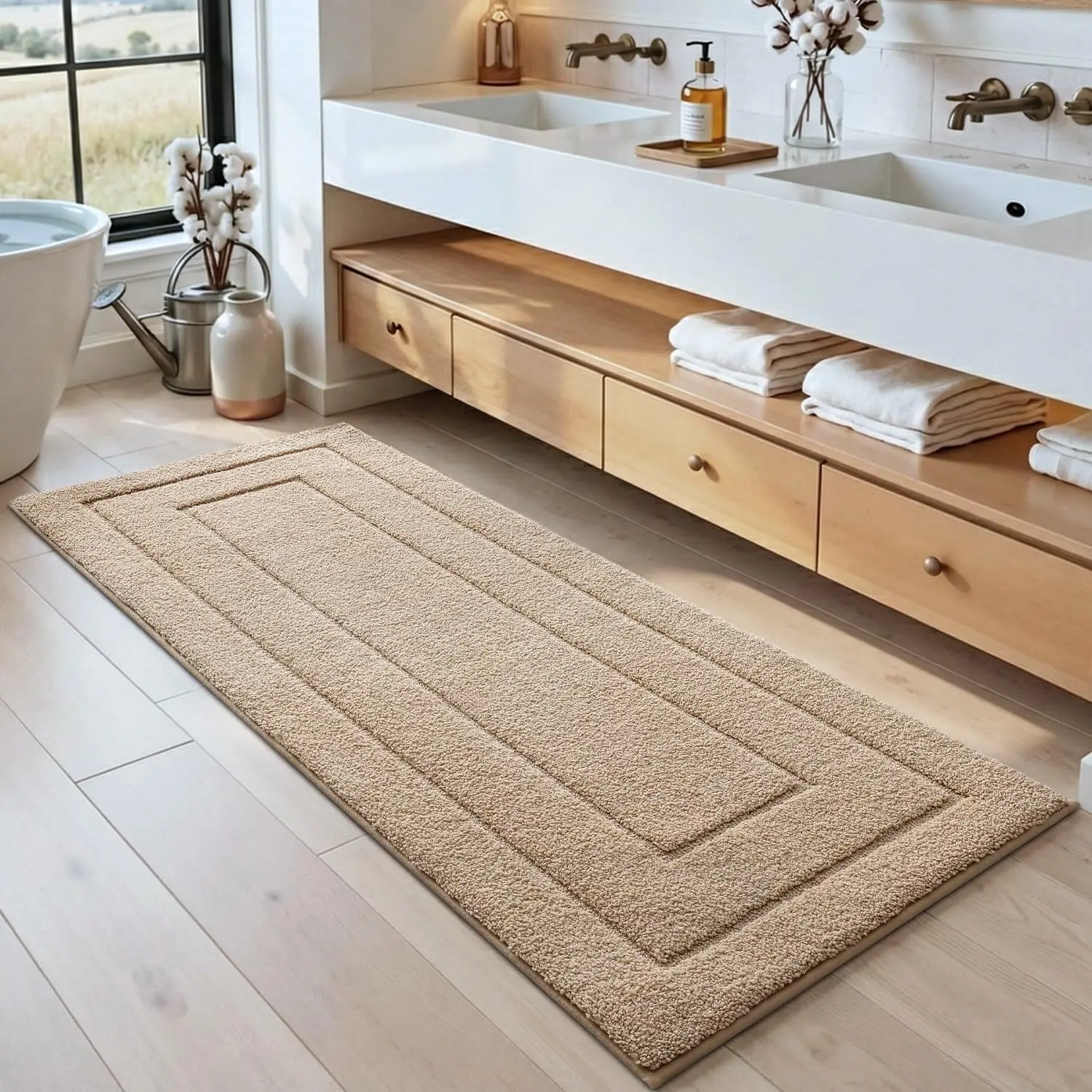 

Extra Long Non-Slip Bath Mat Runner, Quick Dry Washable Microfiber Carpet for Shower Floor, Beige