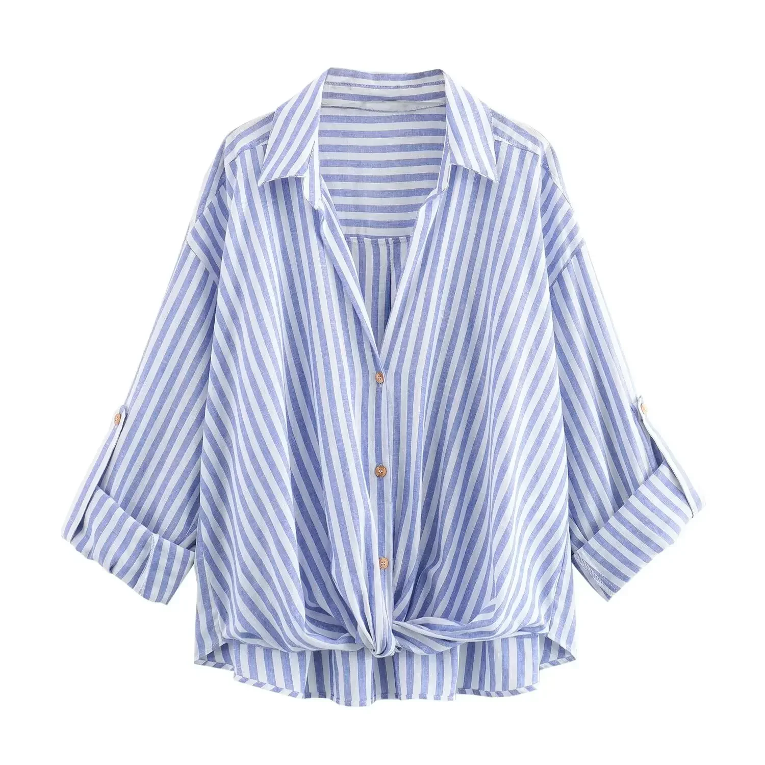 

Women's 2024 New Fashion Knot Decoration Casual Linen Blended Striped Shirt Retro Long sleeved Button up Women's Shirt Chic Top