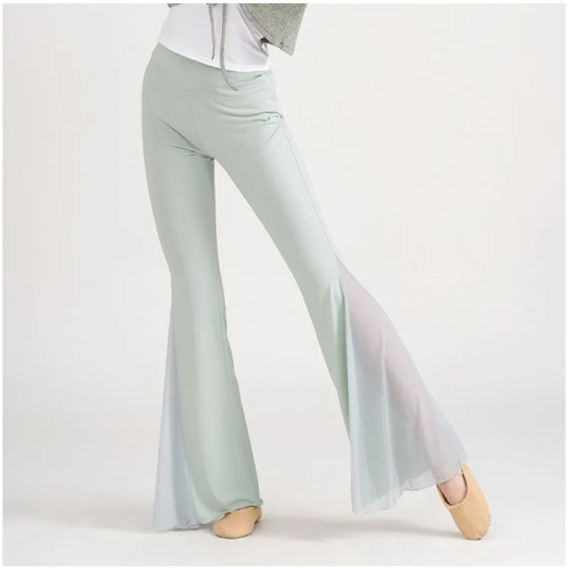 Celana Kaki Lebar Modis Cocok untuk Semua Musim Panas Celana Panjang Elastis Wanita Flare Pinggang Elastis Warna Polos Benang Jaring Modis Wanita