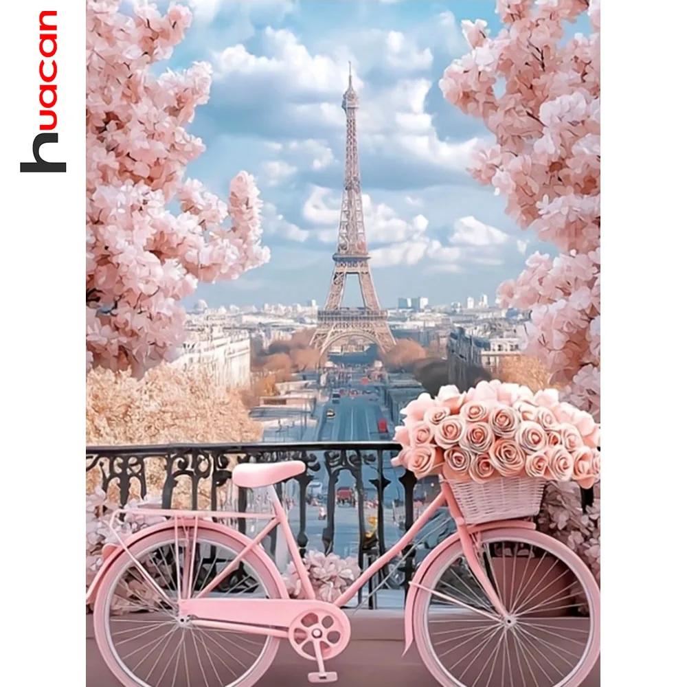 Huacan Diamond Painting Eiffel Tower Bicycle Rose Diamond Mosaic Landscape Complete Kit Craft Kit