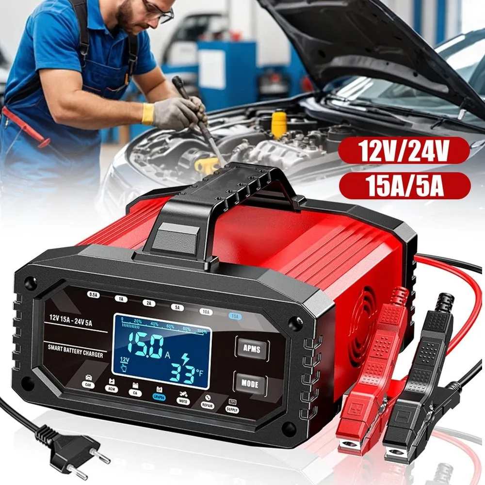 1 ensemble de chargeurs universels à écran couleur pour batteries au plomb-acide et au lithium-fer pour automobiles, navires et motos, 12V/15A 24V/5A, adaptés aux automobiles, camions, véhicules tout-terrain, motos, tondeuses à gazon et navires.