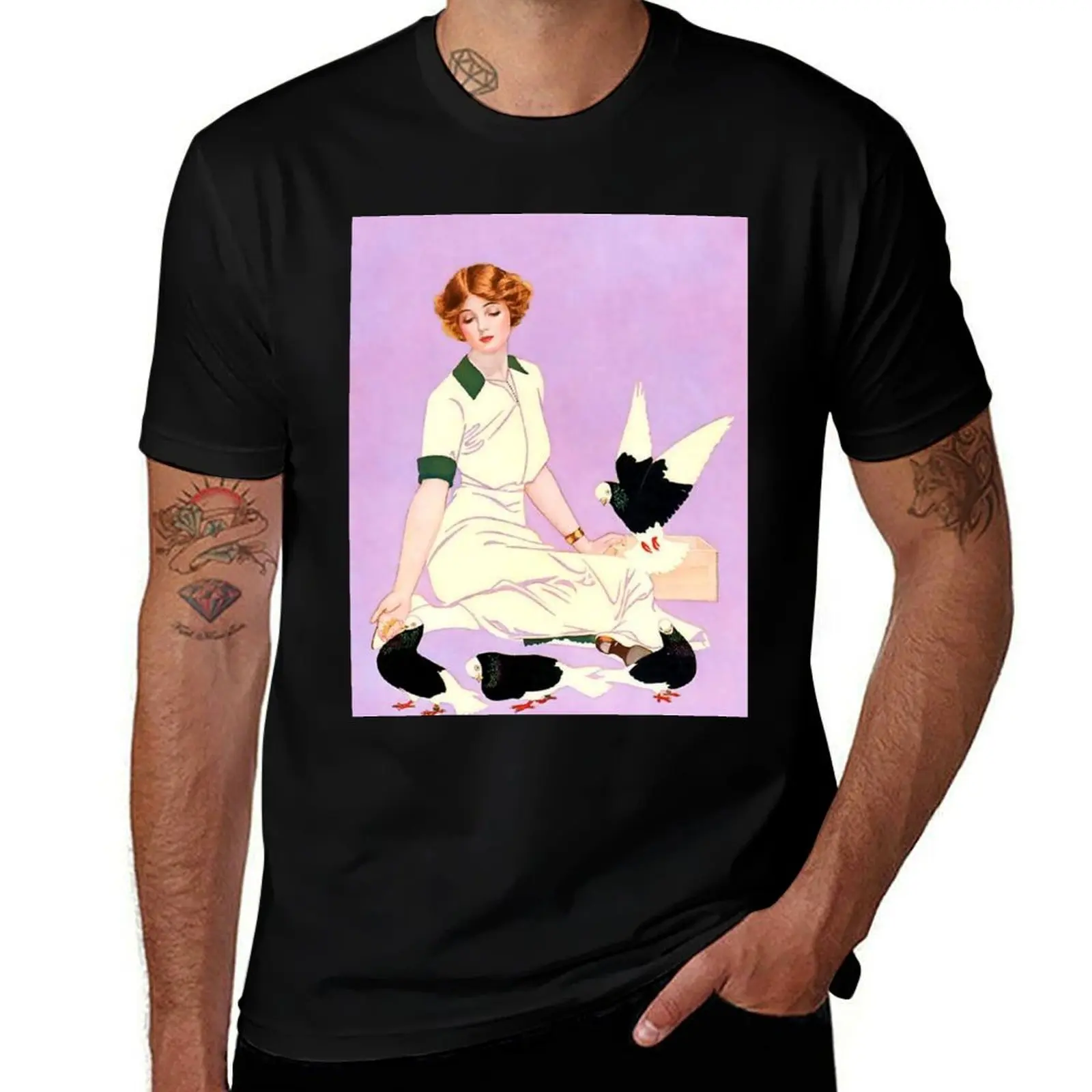 

Coles Phillips ‘Fadeaway Girl’ Illustration “Feeding Pigeons” T-Shirt oversized graphic tee workout shirts for men