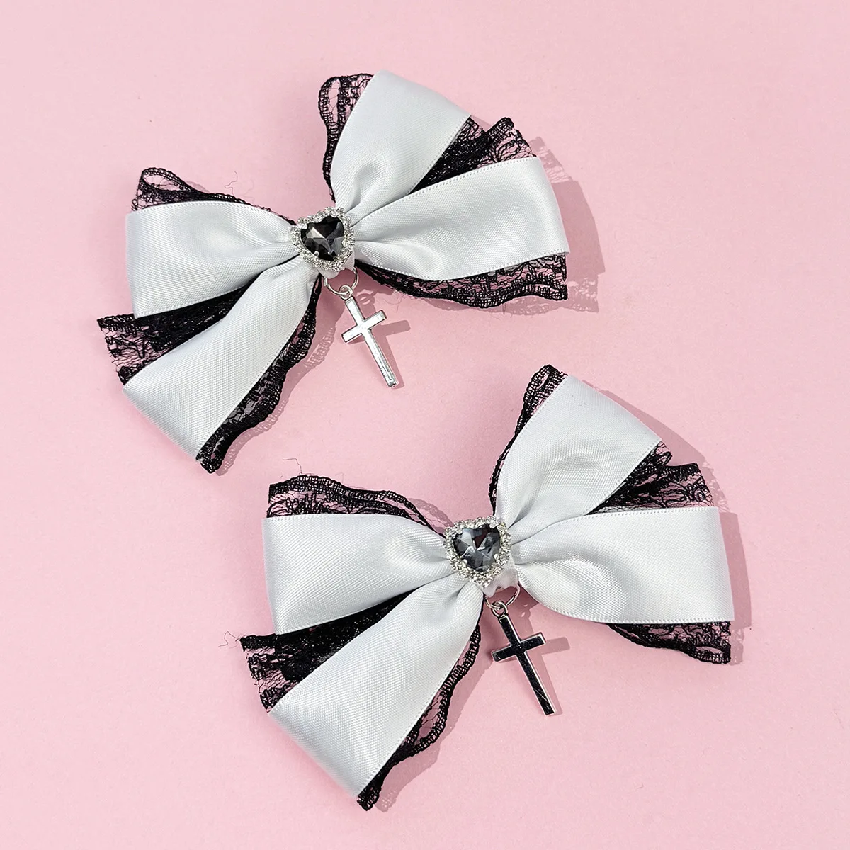 2pcs/set Gothic Style Heart-Shaped Cross Lace Bow Hair Clip, Women's Landmine Series, Mass-Produced Lolita Hair Accessory