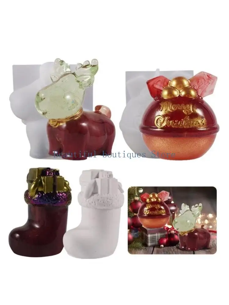 

U4LF Epoxy Resin Mold 3D Christmas Deer/Sock/Bell Shaped Candle Silicone Molds DIY Handmade Decorations Craft Supplies