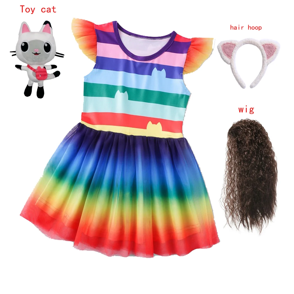 Gabby Cats Baby Girls Summer Gabby\'s Dollhouse Dress Rainbow stripe Kids Cosplay Princess Toddler Birthday Party Dresses+wig