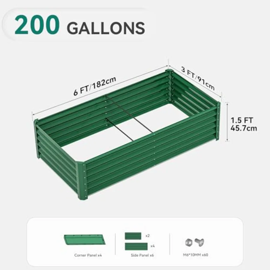 Outdoor above ground planters for vegetables, flowers, and plants; galvanized metal; green; 6x3x1.5 ft, 2 pcs kit with gloves,