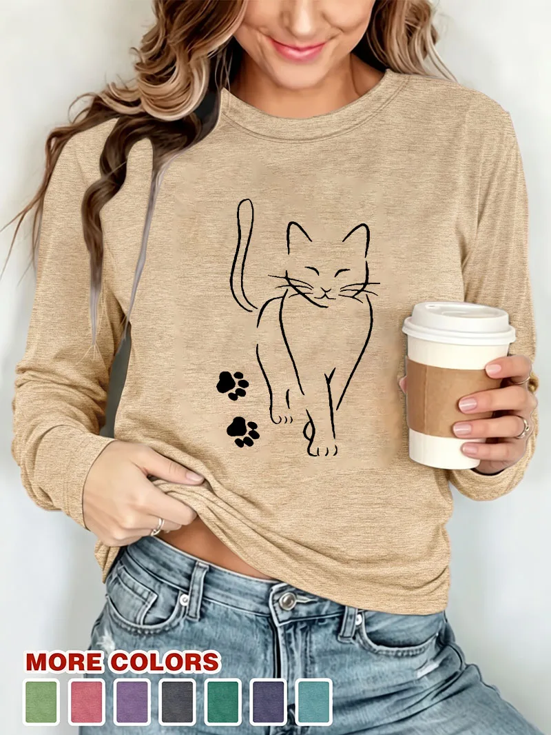 Fashion Women Long Sleeve T-shirt Kawaii Cat Paw Print Casual Winter Autumn Graphic Elegant Comfortable Casual T Shirt Woman