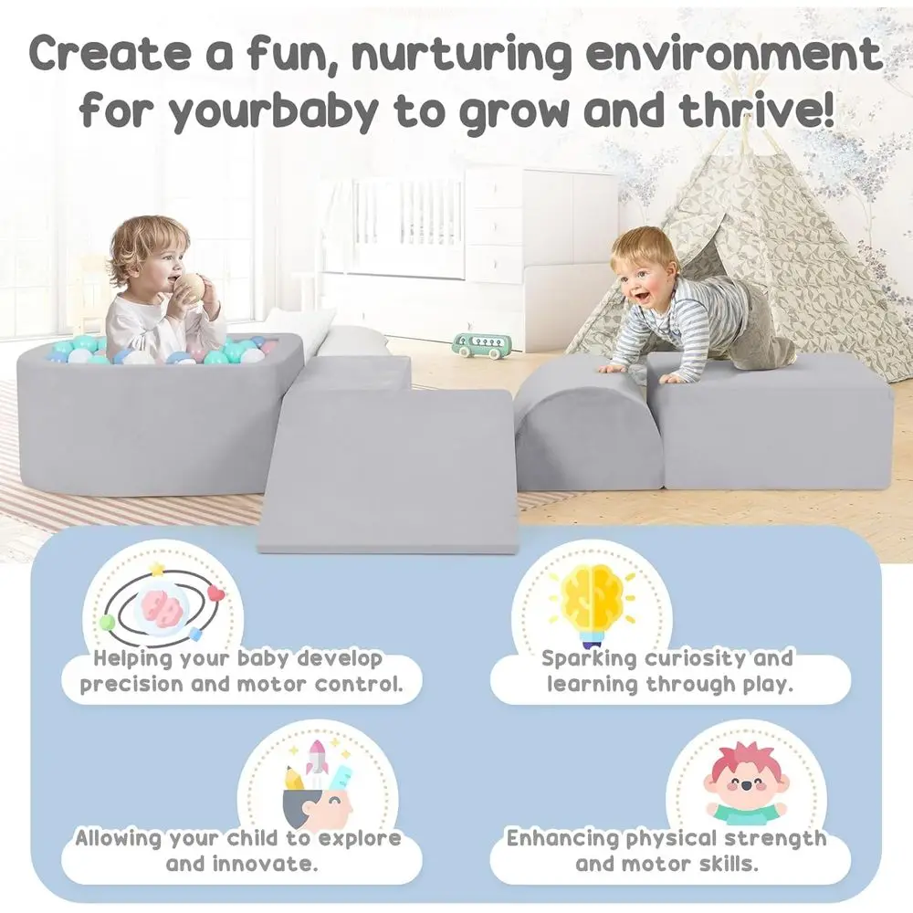 Indoor Toddler Climbing Blocks with Ball Pit, Soft Play Set for Kids (Grey, Balls Not Included)