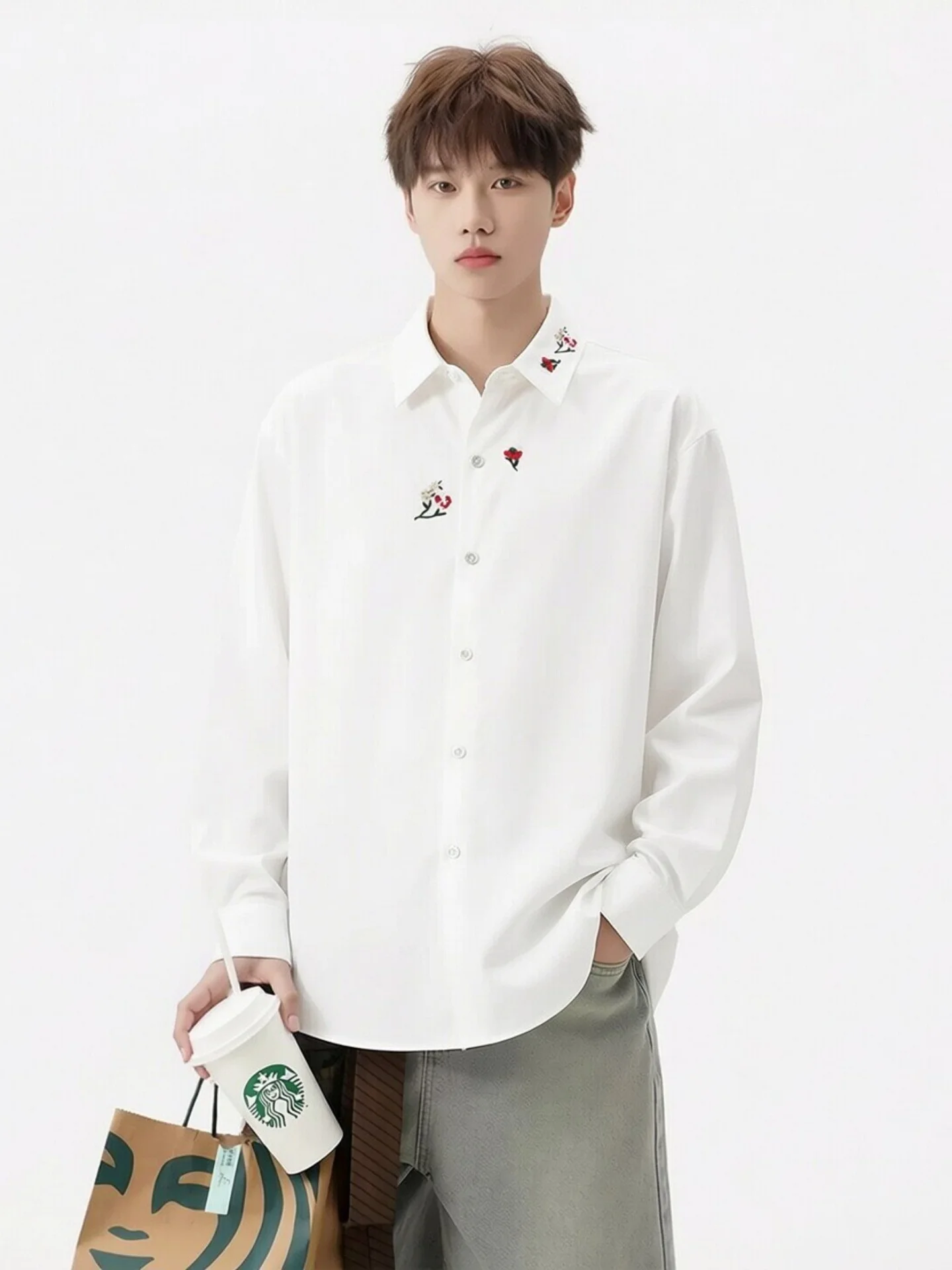 

American Style Embroidered Floral Men's Shirt Lazy High-End Korean Chic Super Beautiful Outerwear Casual Long Sleeve Summer