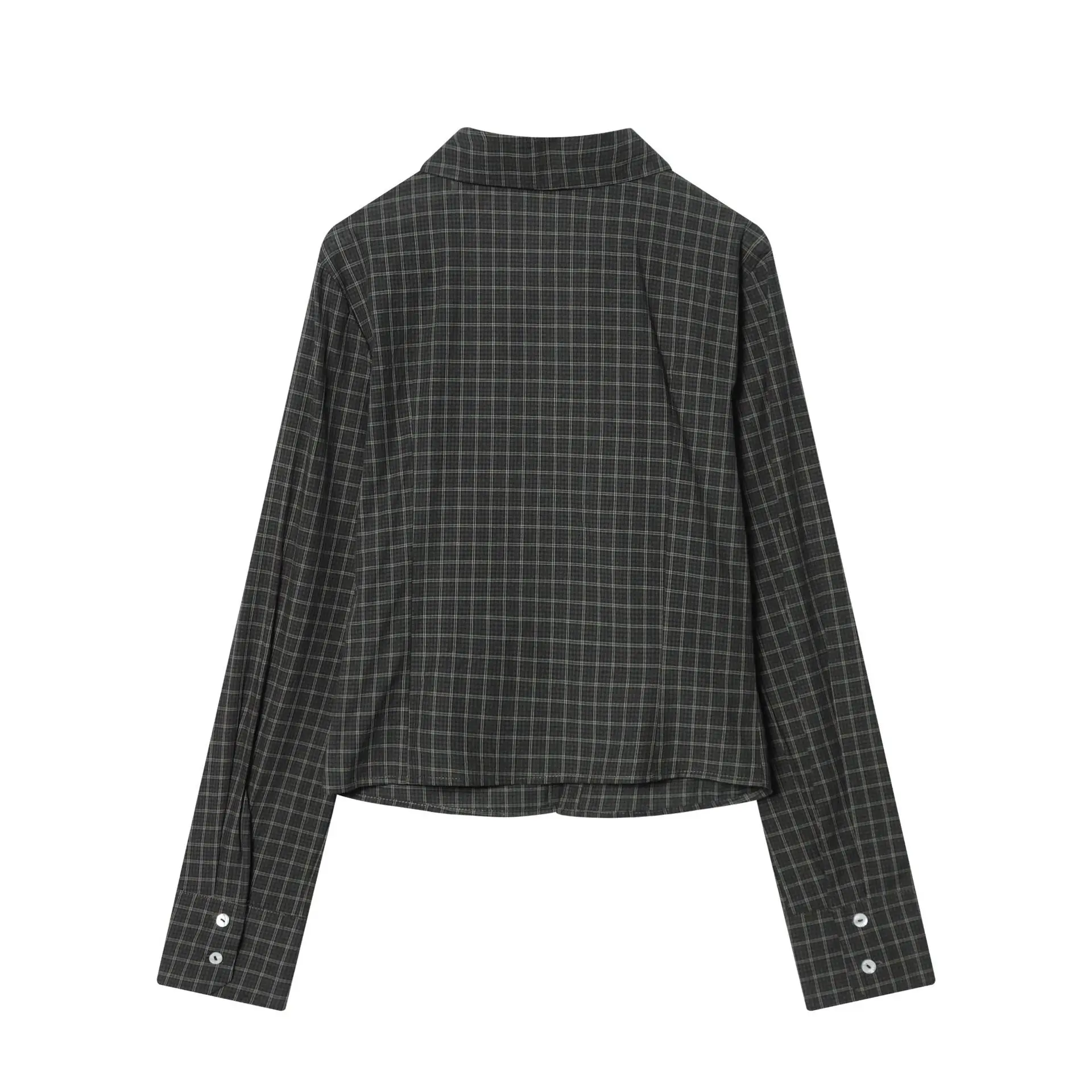 Women's Fashionable Pleated Slim-Fit Plaid Top   06D5