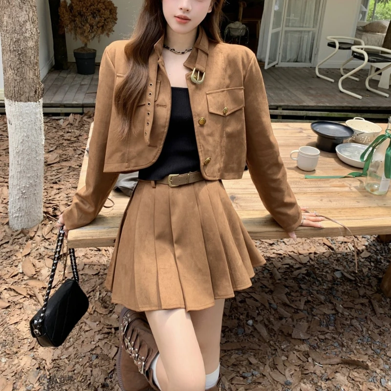 Vintage Brown Skirt Two Piece Set Y2K Long Sleeve Shorts Jackets and Mini Pleated Skirts with Belt Suit Autumn Outfit for Women