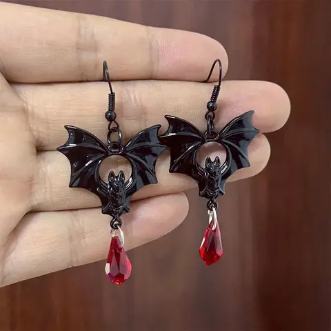 Goth Charm Luck Female Red Black Zircon Stone Small Bat Fashion Stud Earrings Silver Black Color Wedding Jewelry For Women