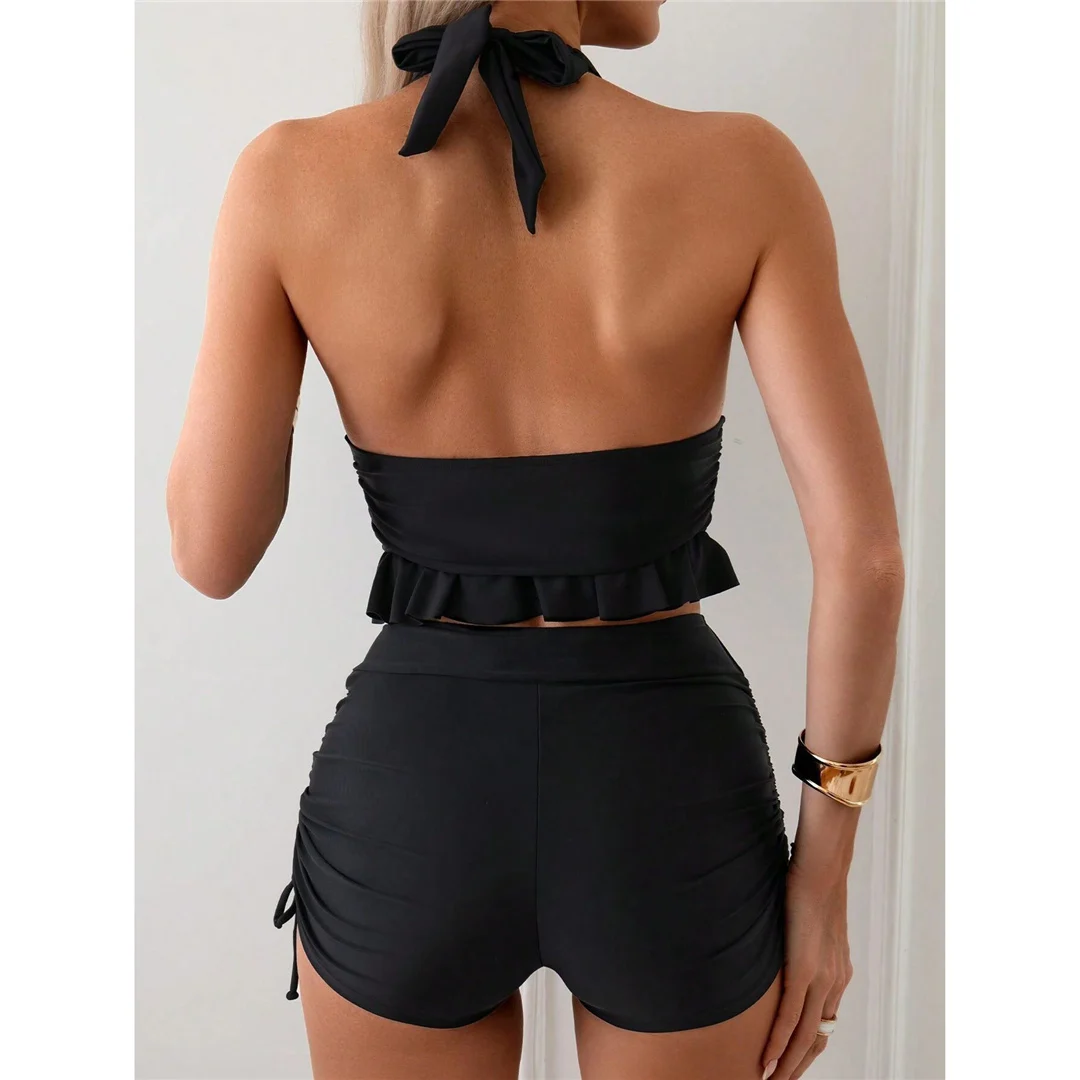 V-Ausschnitt, kurzer Tankini-Badeanzug für Damen, hoch geschnittener Bikini, zweiteiliger Bikini-Set, schwarzer Badeanzug, Badebekleidung, Modell V6610. – Detail 4