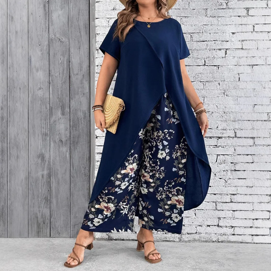 

Spring Summer Fashion Printed Two Piece Set Women Round Neck Short Sleeve Slit Long Top Wide Leg Pants Casual Two Piece Set