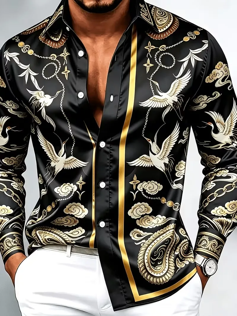 New ethnic geometric ribbon placket 3D printed shirt, light luxury retro men's slim fit long sleeved shirt clothing