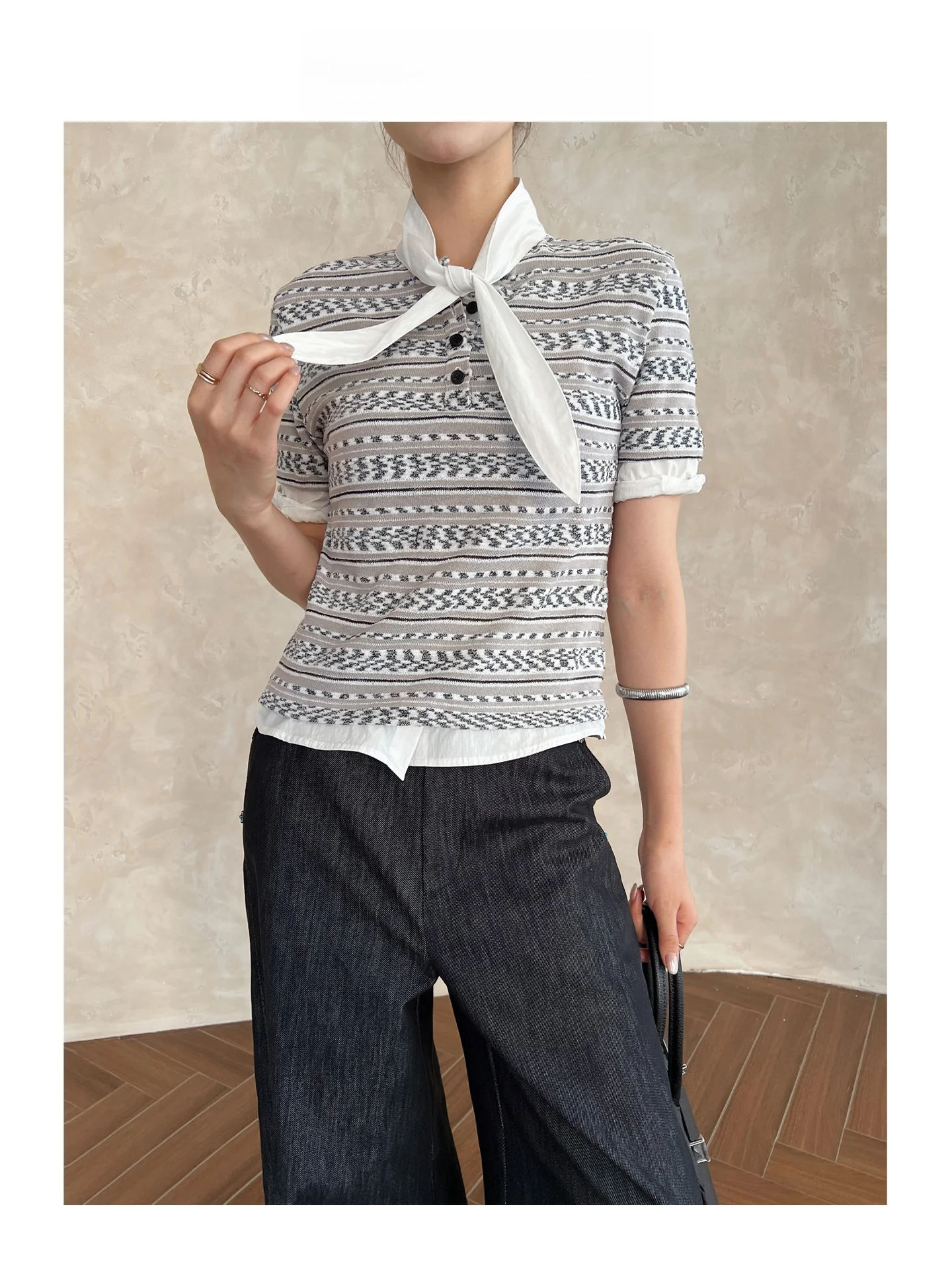 

Женская летняя рубашка с эффектом похудения, в полоску, для офиса, простой стиль, имитация двухслойности, с бантом, из смесового хлопка и полиэстера