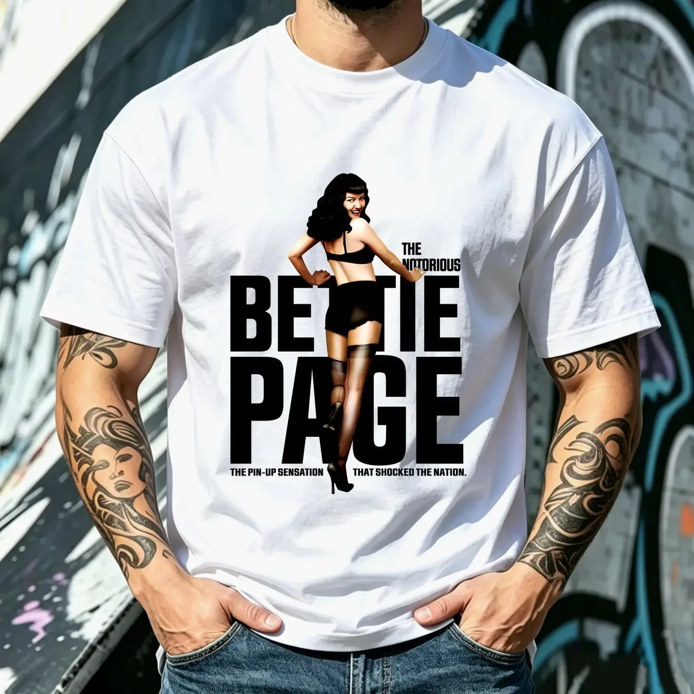 washed T Shirt Bettie Page V5 Vintage Natural color Men's DTG Digital Print SIZES S M L XL 2XL 3XL 4XL 5XL long or short
