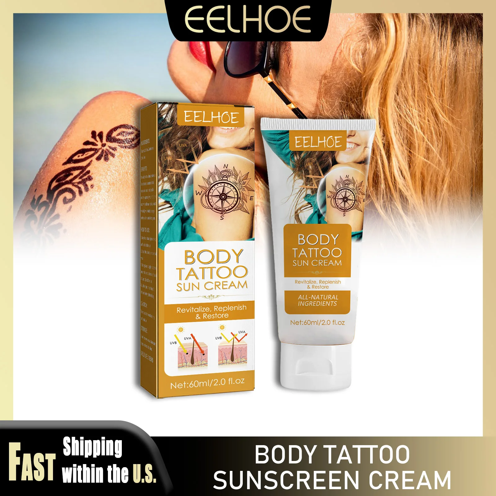 

EELHOE 60ml Tattoo Care Cream Sunscreen Anti UVA UVB Moisturizing Nourishing Protect Ink Prevent Tattoo Fading Tattoo Supply