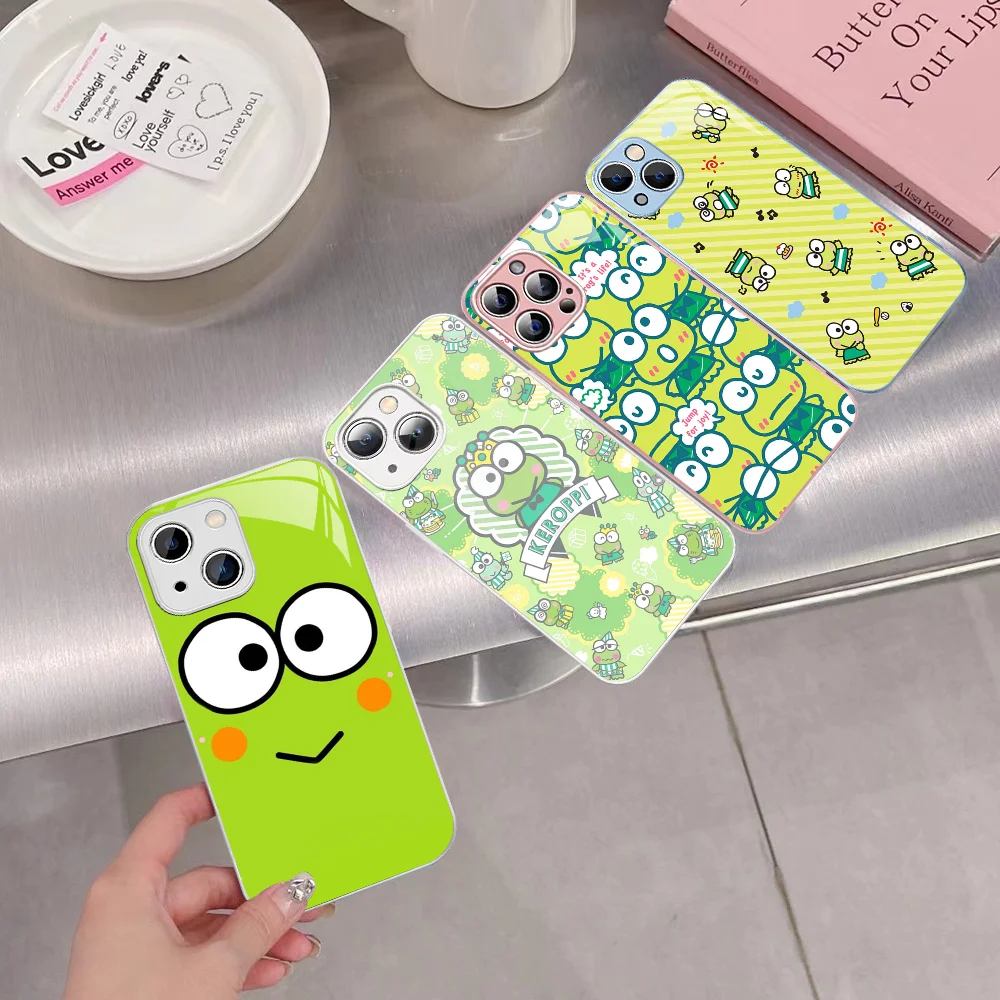 

Cartoon K-Keroppi Green Frog Phone Case For IPhone 14 13 12 Mini 11 Pro XS Max X XR 14 Plus Tempered Glass Cover