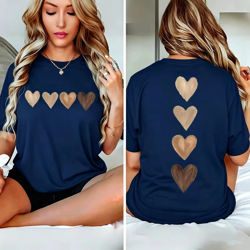 Brown Tone Paint Hearts Front And Back Vintage Art Print Graphic Womens T Shirt Short Sleeve Crew Neck Casual Ladies Tee Tops