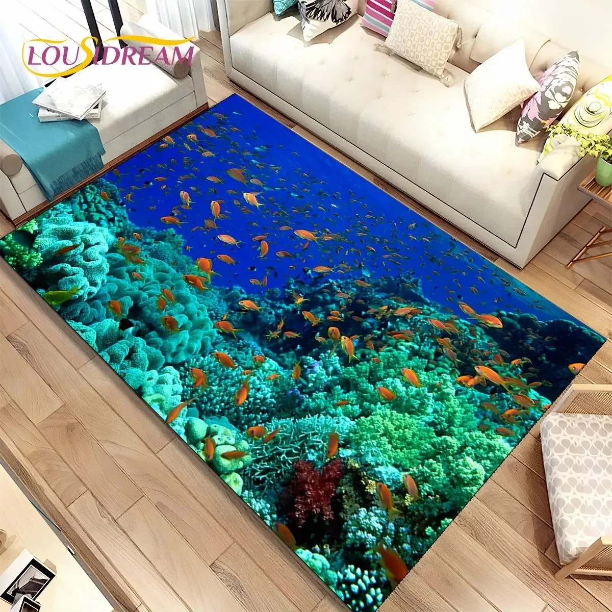 Coral Reef Rug Doormat Underwater Ecosystem Print Large Size for Living Room Entry & Marine Theme Home