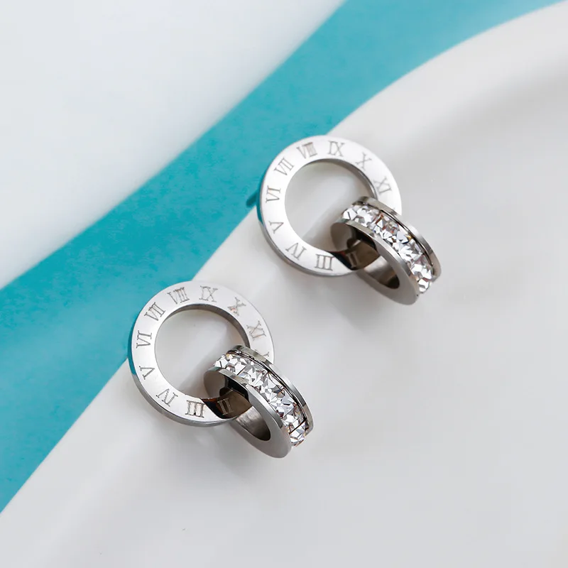 OIMG Stainless Steel Earrings New Classic Simple Roman Numeral Inlaid Zirconia Circle Pendant Stud Earrings For Women Jewelry