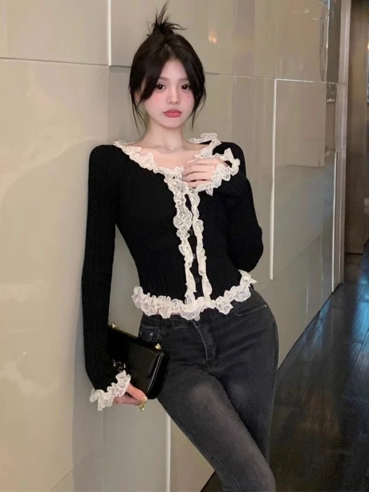 

Кардиган женский кружевной элегантный модный корейский стиль однотонный уютный весенне-осенний универсальный с длинным рукавом повседневный темпераментный трикотаж шикарный