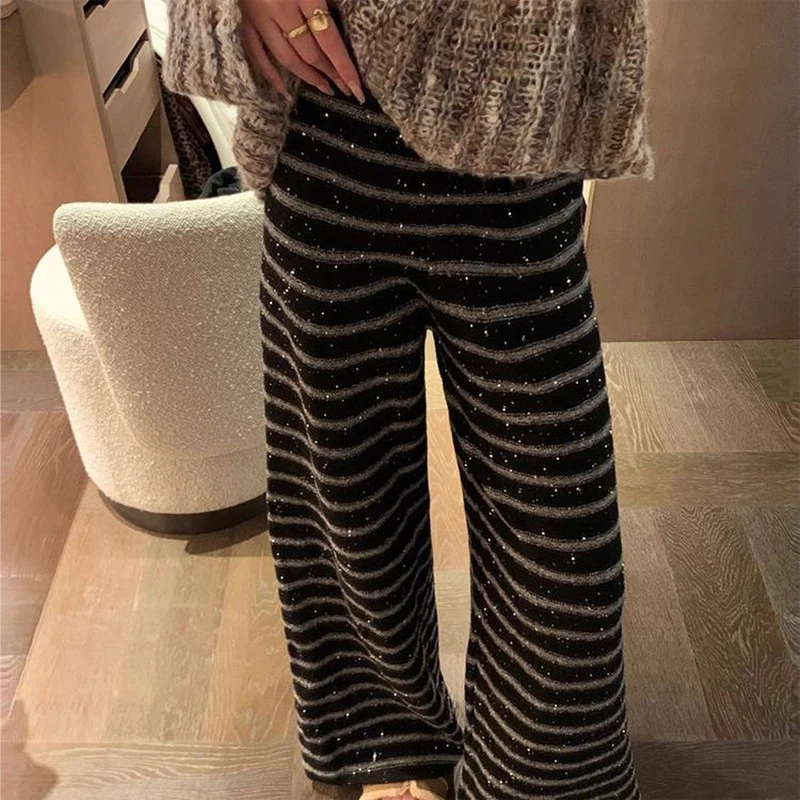 MEXZT Striped Knitted Wide Leg Pants Women Fashion Diamond Baggy Pants Winter Streetwear Korean Patchwork Straight Trousers New